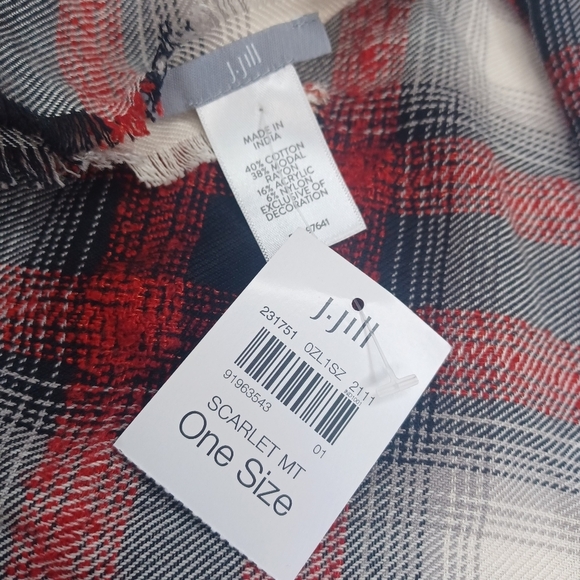NWT J.Jill Scarlet Embroidered Plaid Boho Triangle Scarf Shawl Wrap - Picture 9 of 9